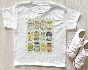 Camiseta infantil vintage com estampa de potes de picles, camiseta juvenil com estampa de picles e body para bebê.