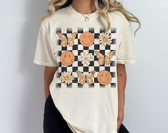 Comfort Colors Retro Checkers Smiley Faces And Butterflies Graphic Tee, Trendy Checkered Vintage Vibe Shirt