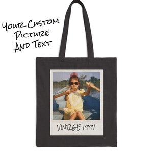 Vintage Photo Custom Black Tote Bag, Personalized Picture and Text Cotton Canvas Tote Bag