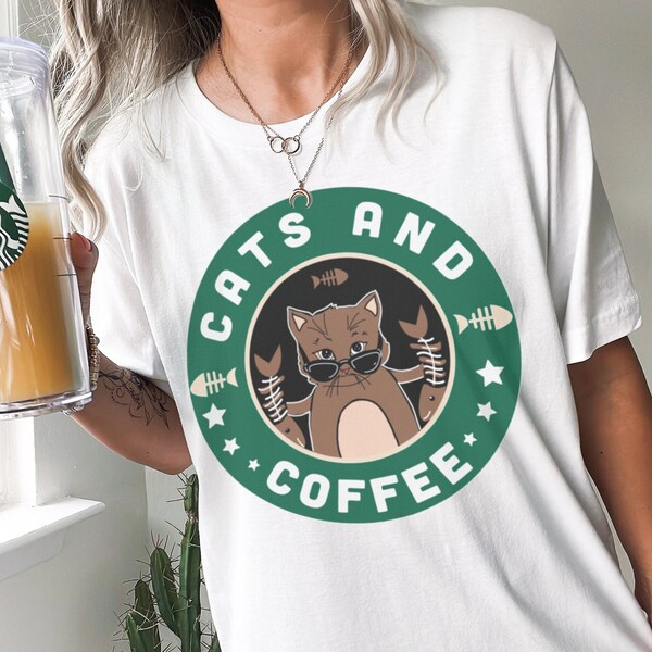 Cats And Coffee Graphic Tee, Funny Coffee Chain Parody Shirt