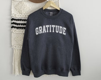 Sudadera de cuello redondo de gratitud, sudadera linda inspiradora de vibración de Varsity, gráfico agradecido, sudadera minimalista de bajo perfil de Acción de Gracias
