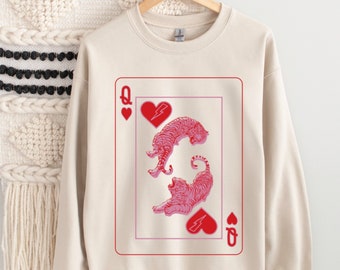 Queen Of Hearts with Tigers Shirt and Crewneck Sweatshirt, Cute Playing Card Tee and Sweater