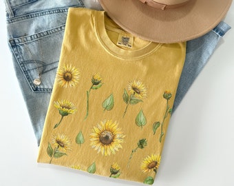 Aquarel zonnebloemen comfort kleuren shirt bloemen botanische shirt cadeau voor bloemenliefhebber zonnebloem shirt natuur tshirt tuin wilde bloemen Tee