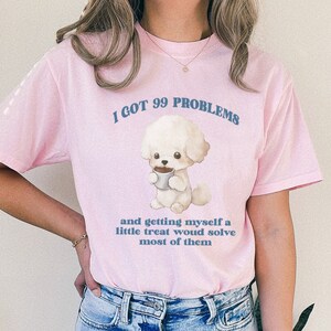 Pode incluir: Camiseta rosa com um poodle branco segurando uma xícara de café. A camiseta tem o texto "Tenho 99 problemas e me dar um pequeno presente resolveria a maioria deles."