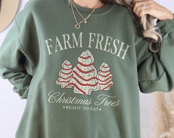 Bauernhof Frische Weihnachtsbaum Kuchen Rundhals Sweatshirt, Süßes Vintage Vibe Weihnachts Sweatshirt