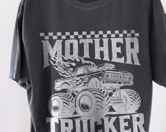 Mother Trucker Checkered Shirt | Monster Truck Mom Racing Tee | Comfort Colors Vintage Graphic T-Shirt | Mom Of Boys Gift | Distressed Style