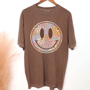Retro Smile Face With Flowers Groovy Boho Shirt Or Sweatshirt, Cute Comfy Comfort Colors Graphic Tee Or Gildan Sweatshirt