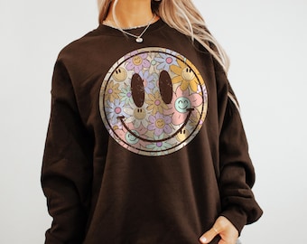 Maglietta o felpa con faccina sorridente retrò con fiori