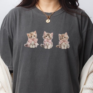 Coquette Shirt Drei kleine Kätzchen Komfortfarben Shirt, niedliche Cottagecore Katzen im Coquette-Stil mit rosa Bögen Graphic Tee Grandmacore Tee