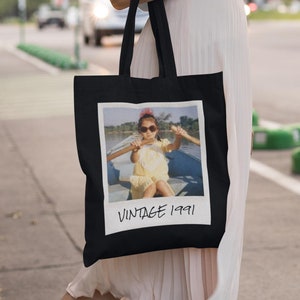 Vintage Photo Custom Black Tote Bag, Personalized Picture and Text Cotton Canvas Tote Bag
