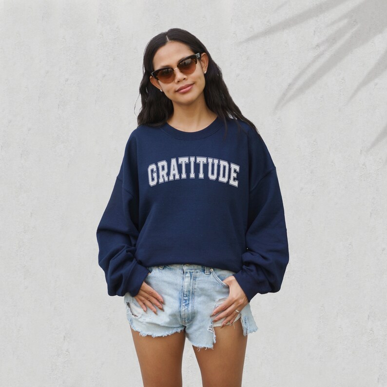 Gratitude Crewneck Sweatshirt, Cute Inspirational Varsity Vibe Sweatshirt Navy