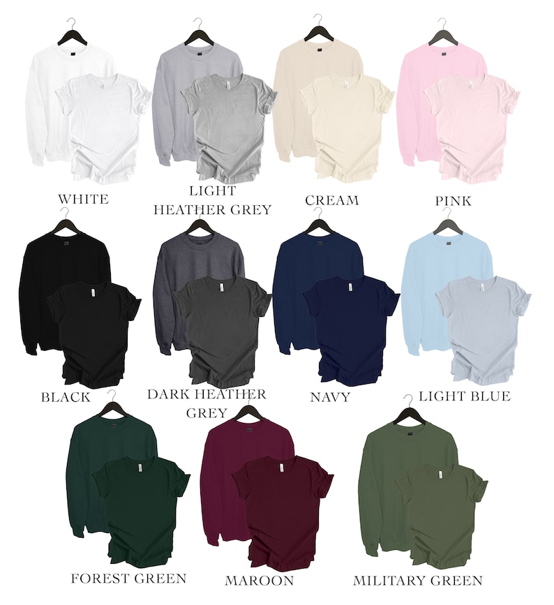 May include: A set of 12 different colour combinations of long-sleeved sweatshirts and short-sleeved t-shirts. The colours include white, light heather grey, cream, pink, black, dark heather grey, navy, light blue, forest green, maroon, and military green.