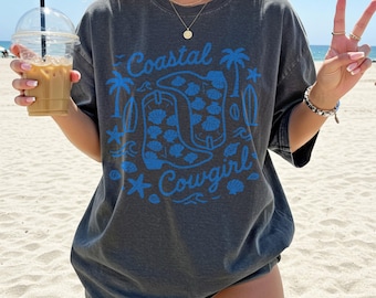 Coastal Cowgirl Comfort Colors Shirt | Western Beach Aesthetic Tee | Cowboy Boots & Seashells Shirt | Trendy Summer Graphic Shirt for Women