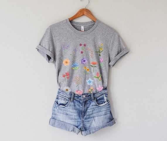Wildflowers Graphic Tee, Cute and Comfy Boho Floral Shirt, Watercolor Hand Drawn Artsy Flowers Shirt
