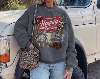 Howdy Cowboy Sweatshirt Western Collage Cowgirl Club Crewneck | Retro Rodeo Graphic | Country Music Outfit | Leopard Western Pullover