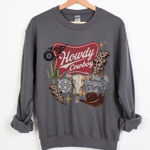 Howdy Cowboy Sweatshirt Western Collage Cowgirl Club Crewneck | Retro Rodeo Graphic | Country Music Outfit | Leopard Western Pullover image 2