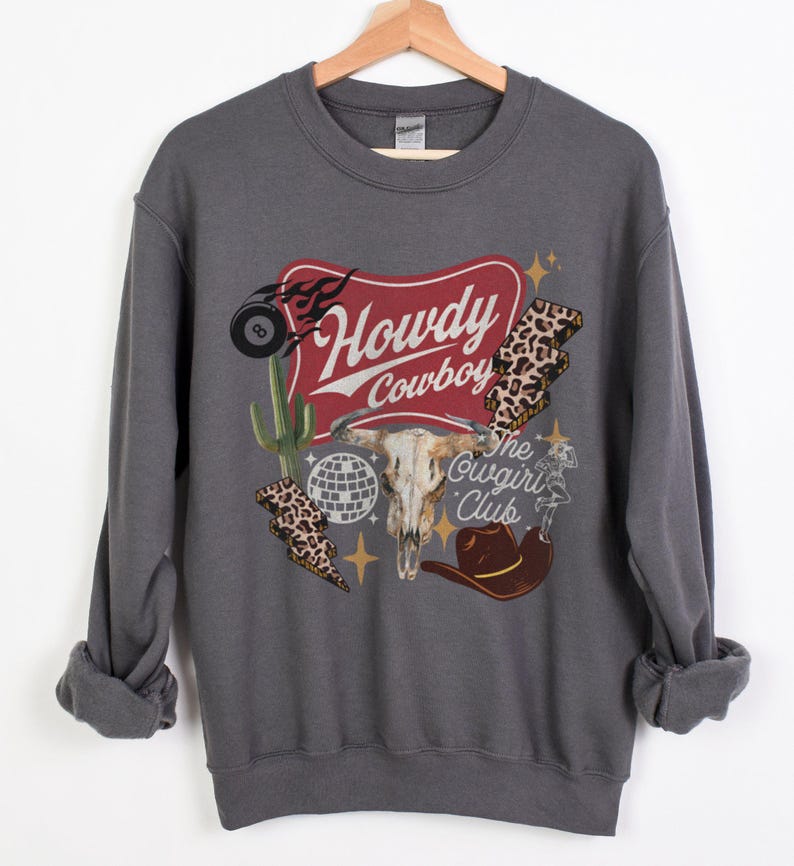 Howdy Cowboy Sweatshirt Western Collage Cowgirl Club Crewneck | Retro Rodeo Graphic | Country Music Outfit | Leopard Western Pullover image 2