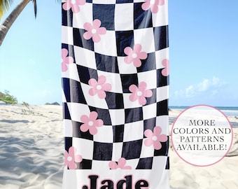 Retro geruite madeliefje aangepaste strandlaken leuke trendy boho zomer strandlaken vakantie cadeau zwembad handdoek meisjes reis handdoeken vrijgezellenfeest handdoeken