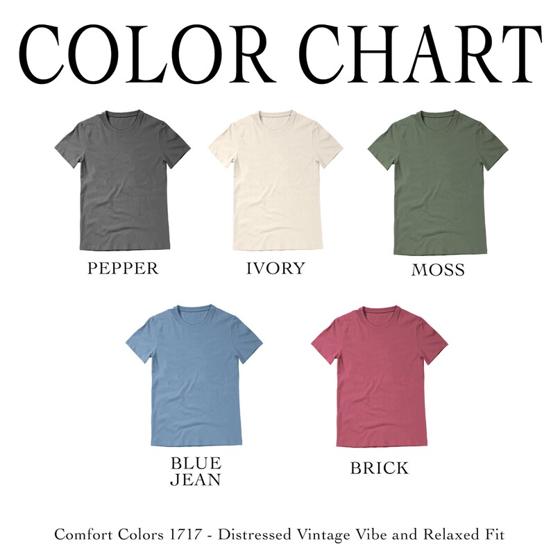 Puede incluir: Carta de colores que muestra cinco colores de camiseta diferentes: pimienta, marfil, musgo, azul vaquero y ladrillo.