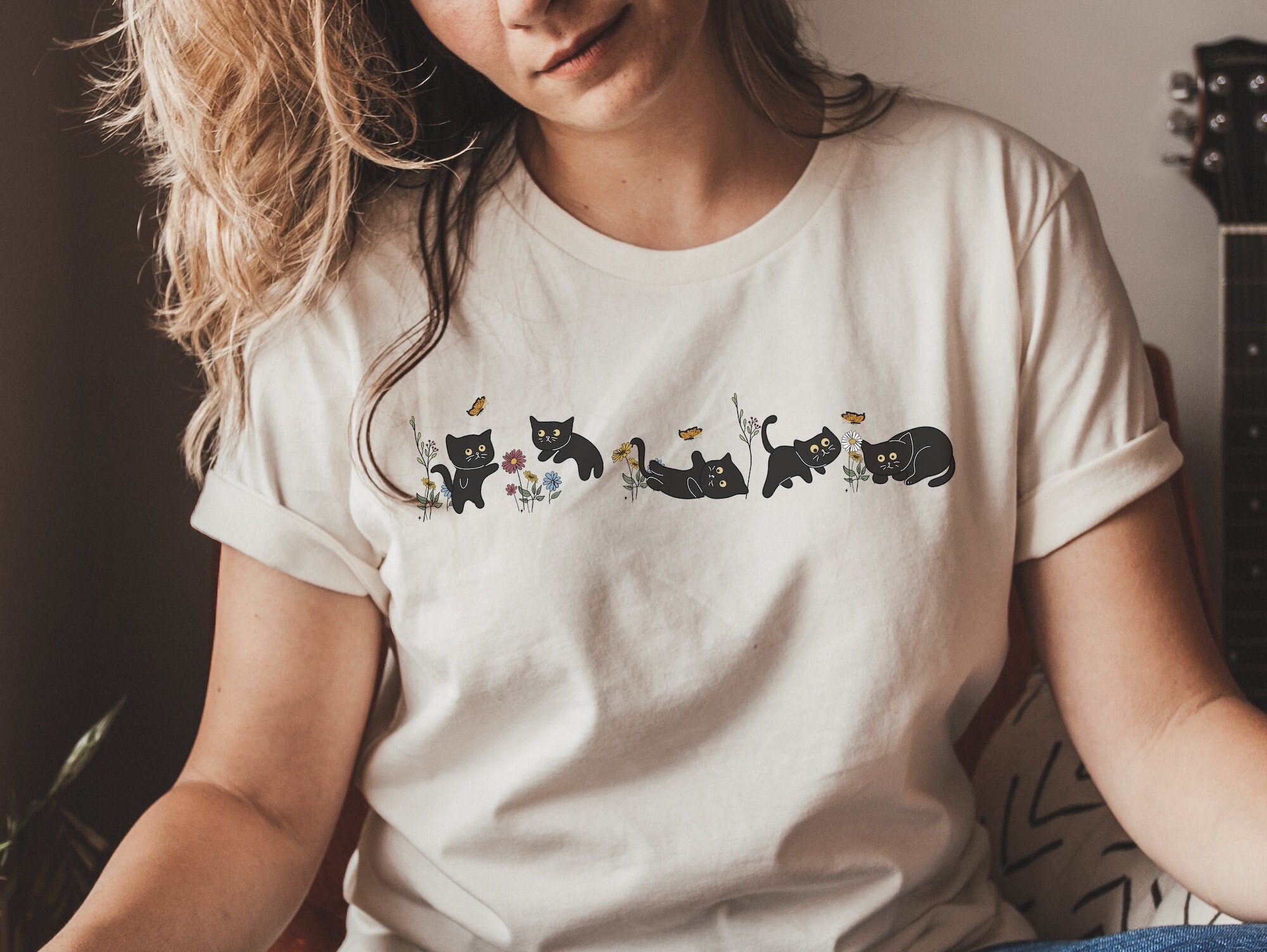 Cute Cat Graphic Tee, Playful Black Cat Floral Butterfly Shirt