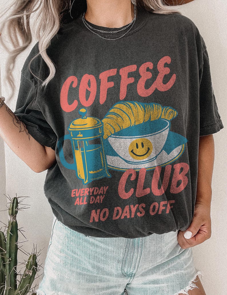 Coffee Club T-Shirt – Retro Coffee Lover Graphic Tee with Croissant And French Press – Cozy Aesthetic Gift image 1