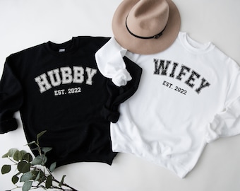 Custom Wifey Hubby Vintage Varsity Vibe Crewneck Sweatshirt, Matching Wife And Husband Sweatshirts