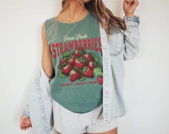 Farm Fresh Strawberries Tank Top Comfort Colors | Vintage Fruit Graphic Tee | Sweet Juicy Ripe | Summer U Pick Berry Shirt