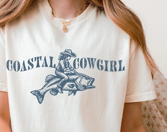 Kustnära cowgirl fiskare estetisk västerländsk vibe fisk t-shirt kustnära estetisk t-shirt strandskjorta sjöliv havsinspirerad stil