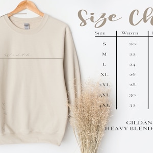 May include: A beige Gildan 18000 heavy blend crewneck sweatshirt with a size chart showing measurements in inches for sizes S through 4XL.