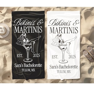 Custom Bikinis And Martinis Bachelorette Beach Towels, Location And Name Bachelorette Party Pool Towels Bachelorette Trip Vacation Gift
