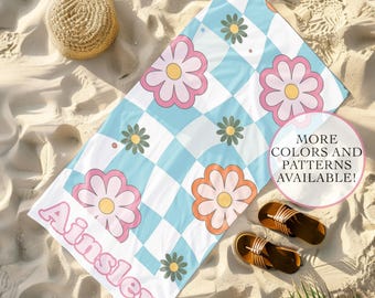 Retro Checkered Daisy Custom Beach Towel Cute Trendy Boho Summer Beach Towel Vacation Gift Pool Towel Girls Trip Towels Bachelorette Towels