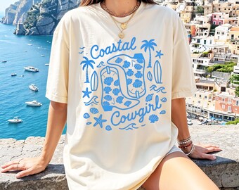 Coastal Cowgirl Comfort Colors Shirt | Western Beach Aesthetic Tee | Cowboy Boots & Seashells Shirt | Trendy Summer Graphic Shirt for Women