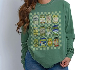 Vintage Pickle Jars Comfort Colors Long Sleeve Graphic Tee, Cute Trendy Pickle Lover Shirt, Pickles Gift For Foodie Comfort Colors