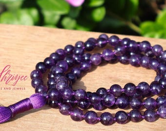 Real Amethyst Gemstone Mala Spiritual Necklace - Hand Knotted 108 Mala Beads, 108 Mala Bead, Mala Tassel Neklace, Japa Mala, Meditation Mala