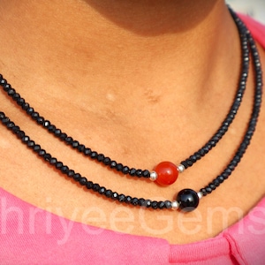 Natural Black Tourmaline With Carnelian Beaded Choker Necklace - Unisex Empath Protection Necklace 925 Sterling Silver - Layering Necklace
