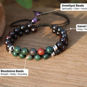 Pulsera protectora de piedras preciosas: granate, amatista y heliotropo / Pulsera de macramé de triple protección / Pulsera de cristal curativo para la conexión a tierra.
