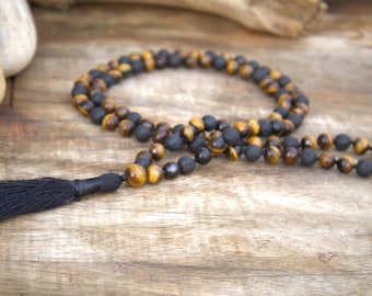 Tiger's Eye Mala Bead Necklace: Lava Stone and Gold Hematite, 108 Japa Beads .