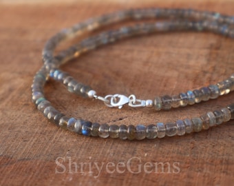 Labradorite Gemstone Necklace: Handmade 925 Sterling Silver Beaded Chain