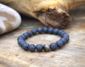 Lava Stone Tiger Eye Bracelet for Men | Natural Volcanic Rock Bead Bracelet | Grounding Protection Crystal Jewelry | Gift for Him