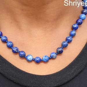 Lapis Lazuli Necklace - Knotted Choker - Natural Blue Lapis Beaded Jewelry - Large Navy Gemstone Statement Necklace - Gift for Her and him
