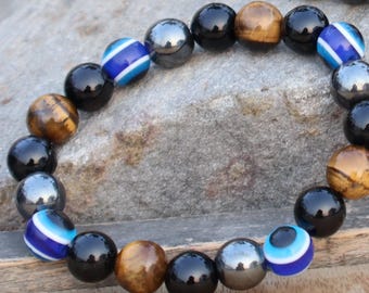 Hematite, Tiger Eye, Black Obsidian Evil Eye Bracelet – Ultimate Triple Protection Healing Crystal Bracelet Grounding and Protection Jewelry