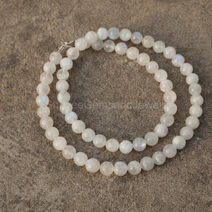 Sterling Silver Moonstone Bead Necklace AAA+ 100% Natural Blue Fire Moonstone Bead Necklace, 3mm,4mm,6mm 8 MM,10mm, Gift For Her