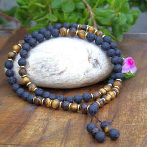 Tiger&#39;s Eye Lava Stone Mala Bead Necklace: Root Chakra Healing