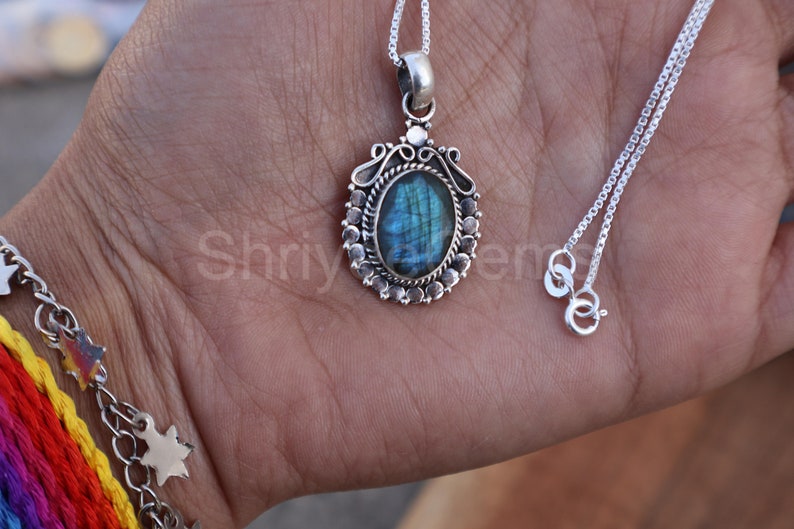 Blue Fire Labradorite Gemstone Handmade 925 Sterling Silver Pendant, Antique Labradorite Jewelry Pendant Gift For mother's Day Gift image 5