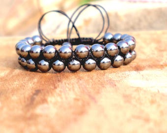 Pulsera trenzada de cuentas de hematita natural / Pulsera de hematita hecha a mano para hombres y mujeres / Regalo de joyería de cristal de cuarzo