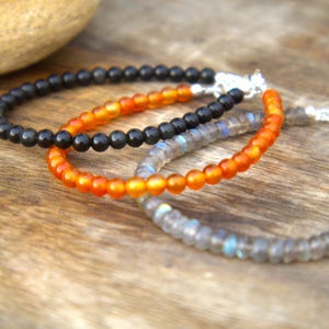4mm Crestal Beaded Bracelet - Stackable Mini Gemstone Bracelet For Men and Women - Carnelian, Labradorite and Black Obsidian Healing Jewelry