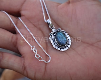 Pendentif en argent sterling 925 fait main avec pierres précieuses en labradorite de feu bleu, cadeau pendentif bijoux en labradorite antique pour la fête des mères