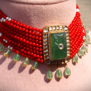 Coral & Aventurine Choker Necklace: 22K Gold Plated Sterling Silver, Handmade