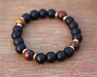 Bracelet homme | Bracelet oeil de tigre | Bracelet en onyx noir mat et oeil de tigre | Cadeau pour lui | Bracelet homme en perles | Cadeau pour elle.