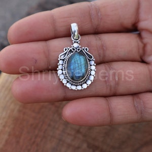 Blue Fire Labradorite Gemstone Handmade 925 Sterling Silver Pendant, Antique Labradorite Jewelry Pendant Gift For mother's Day Gift image 2